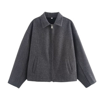 Casual Non-Stretch Solid Color 3-Colors Zip-Up Loose Woolen Coat