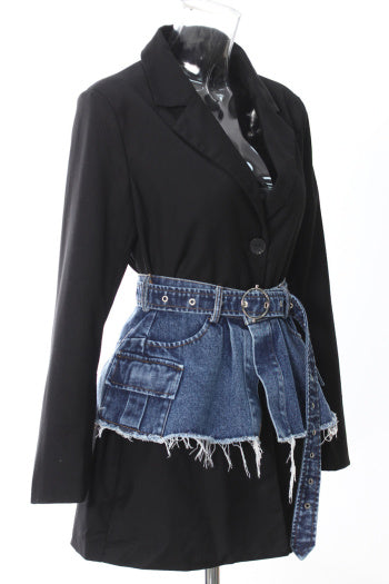 Denim Waistband Blazer: Casual Non-Stretch Suit Collar Jacket