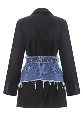 Denim Waistband Blazer: Casual Non-Stretch Suit Collar Jacket