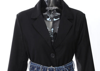Denim Waistband Blazer: Casual Non-Stretch Suit Collar Jacket
