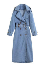 Chic Non-Stretch Denim Long Jacket with Belt and Sophisticated Suit Collar