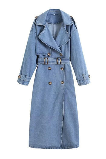 Chic Non-Stretch Denim Long Jacket with Belt and Sophisticated Suit Collar