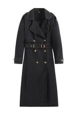 Chic Non-Stretch Denim Long Jacket with Belt and Sophisticated Suit Collar