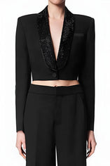 Sparkling Rhinestone Backless Crop Blazer - Non-Stretch, Elegant Evening Jacket