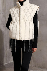 Chic Rhinestone Tassel Puffer Vest - High Neck, Warm, Non-Stretch, Sleeveless