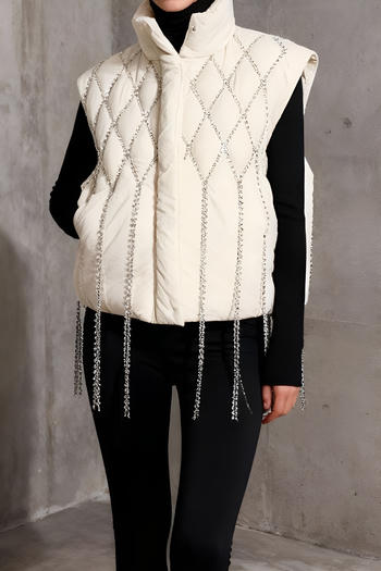 Chic Rhinestone Tassel Puffer Vest - High Neck, Warm, Non-Stretch, Sleeveless
