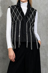 Chic Rhinestone Tassel Puffer Vest - High Neck, Warm, Non-Stretch, Sleeveless