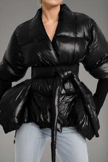 Women's Chic V-Neck Lace-Up Puffer Jacket: Stylish Warm Non-Stretch Outerwear