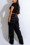 High-Waist Suspender Cargo Jeans