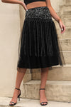 Black Tassel Mesh Sequin High Waist Midi Skirt