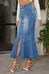 Plus-Size High-Waist Button Up Denim Midi Skirt