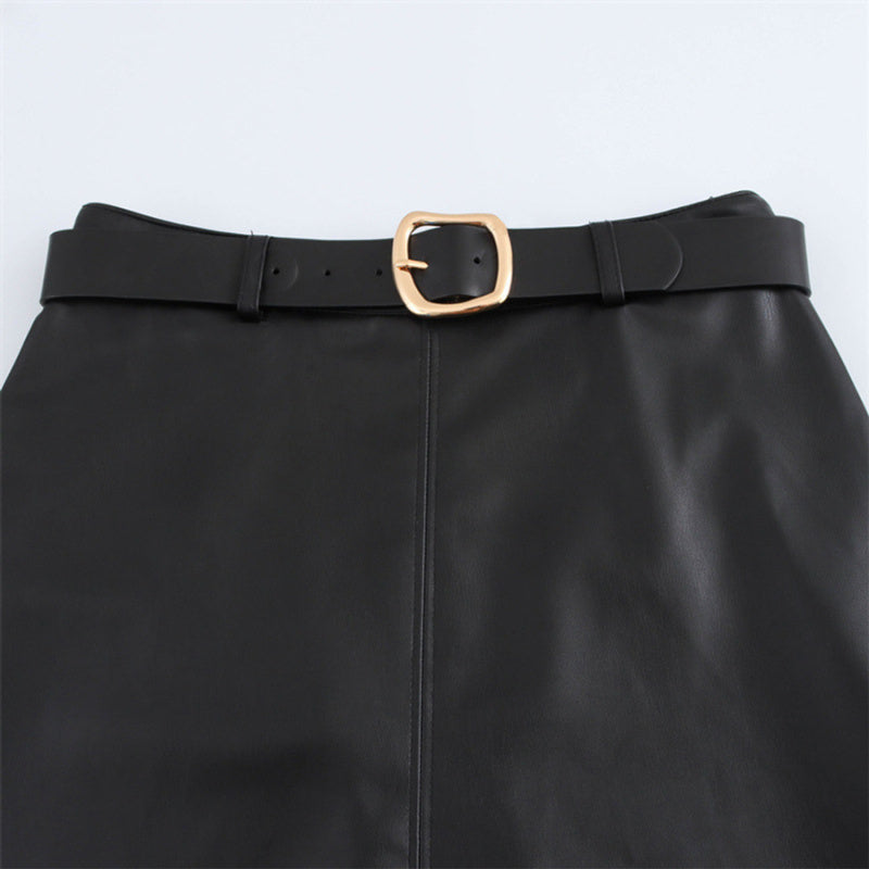 High-Waist PU Leather Belted Midi Skirt