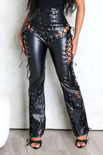 Chic Plus Size High-Waist Faux Leather Lace-Up Pants with Eyelet Details