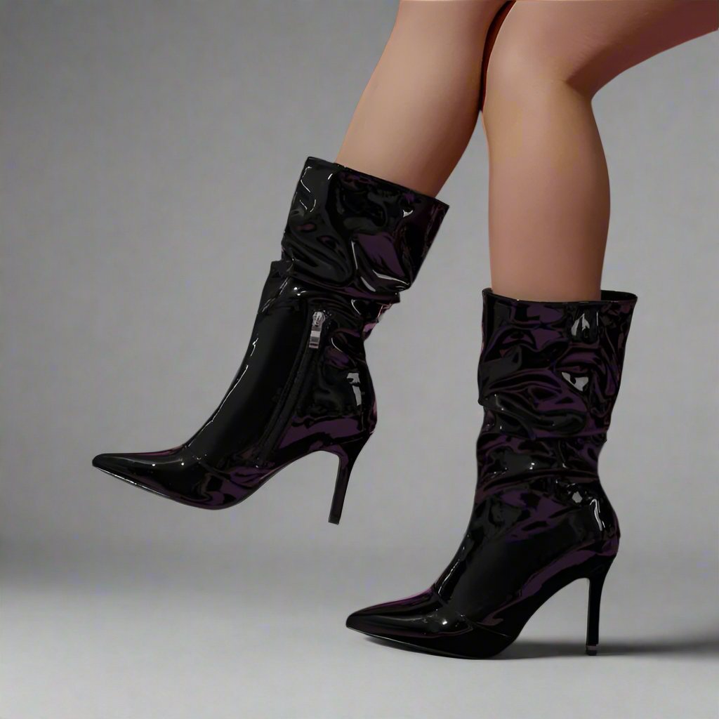 Patent Leather Mid Calf Boots-Blazing Beauty