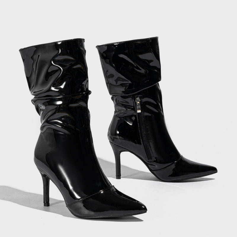 Patent Leather Mid Calf Boots-Blazing Beauty