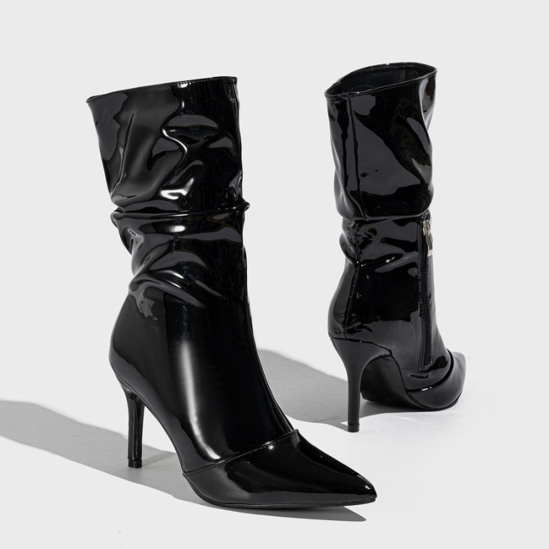 Patent Leather Mid Calf Boots-Blazing Beauty