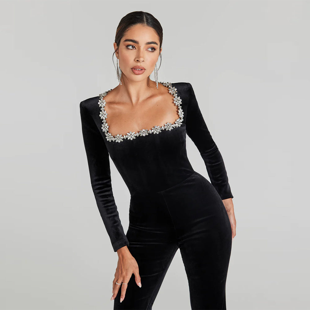 Rhinestone Collar Long Sleeve Velvet Jumpsuit