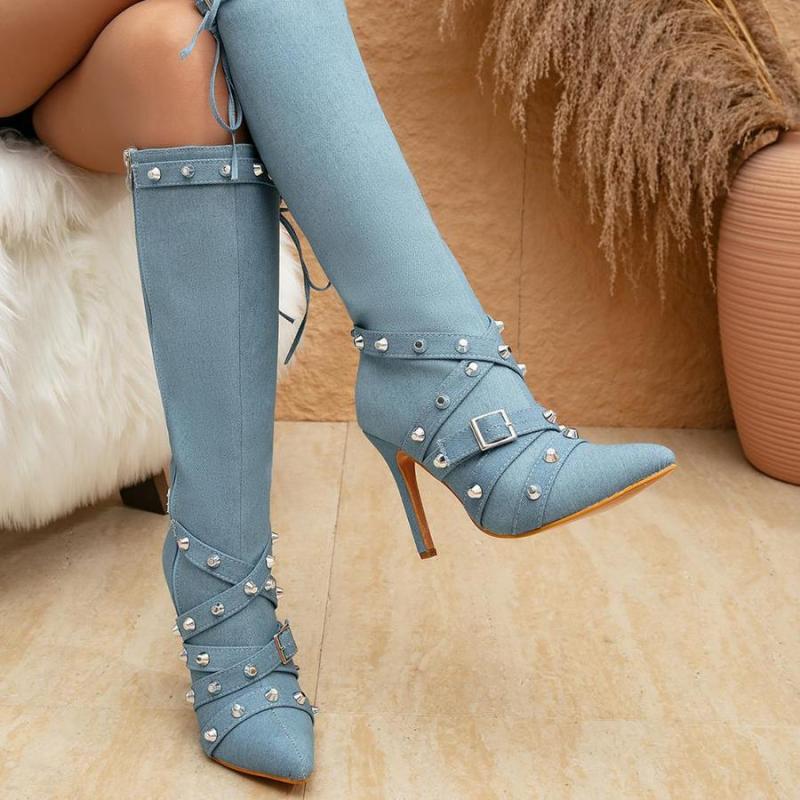 Denim Rivet Decor High Heel Boots