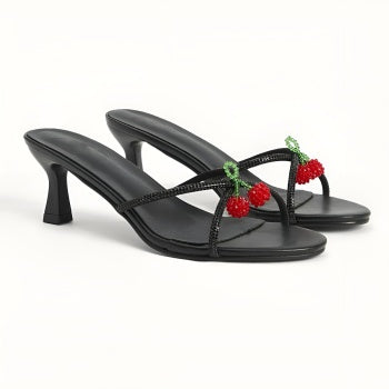 Chic Rhinestone Peep Toe Midi Heel Black Party Sandals