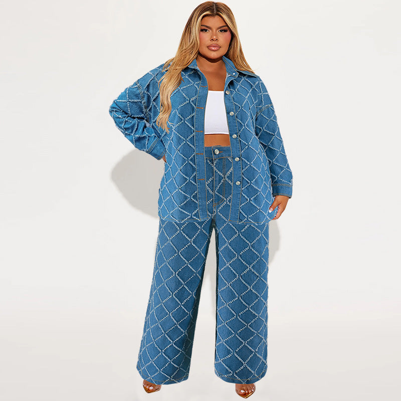 Plus Size Diamond Jacquard Denim Pant Set