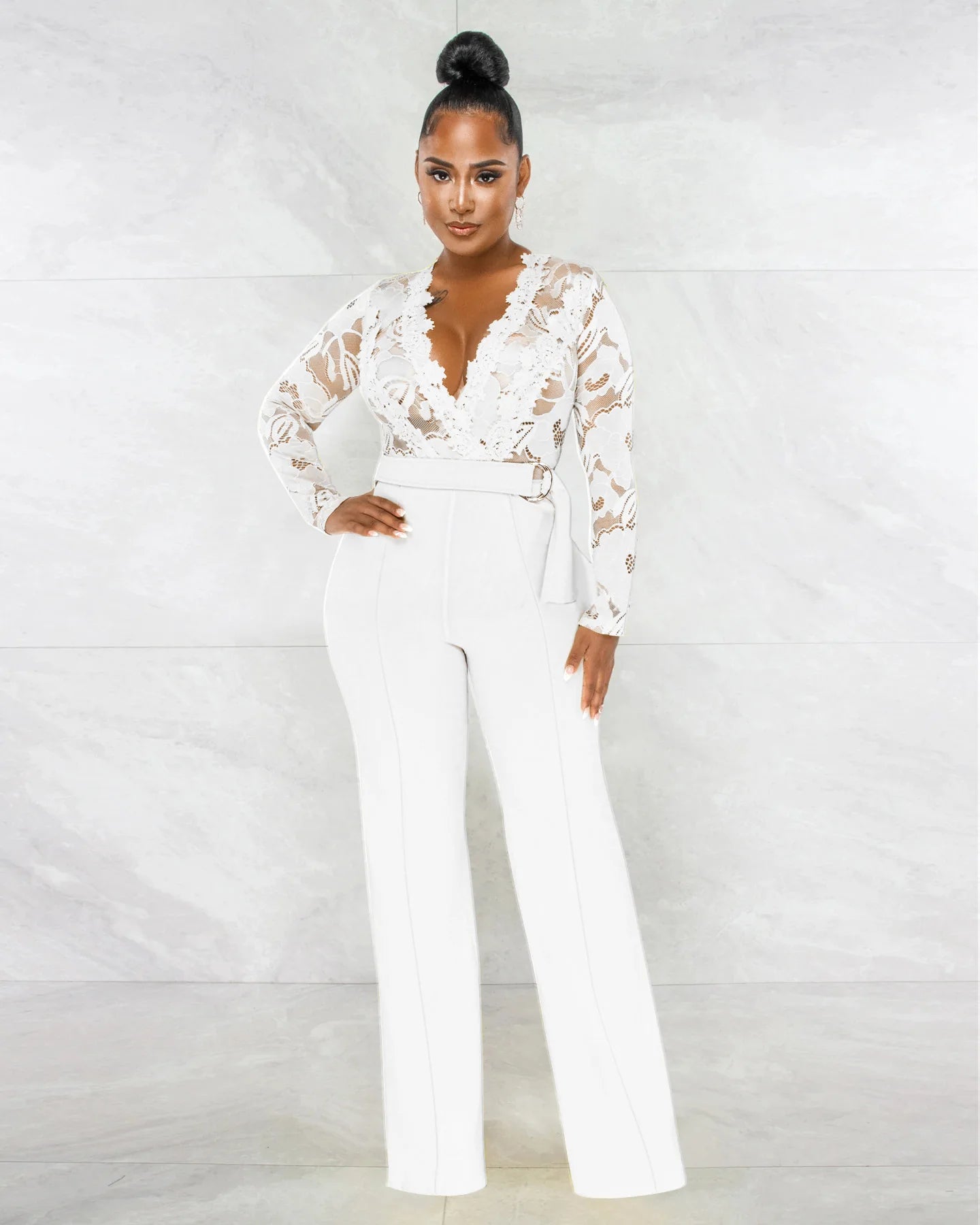 Friend Zone Deep V-Neck Lace Jumpsuit