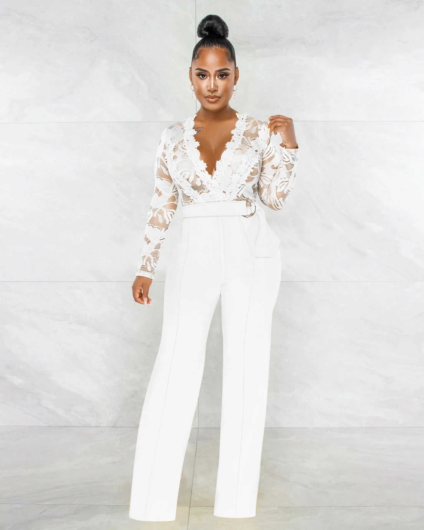 Friend Zone Deep V-Neck Lace Jumpsuit