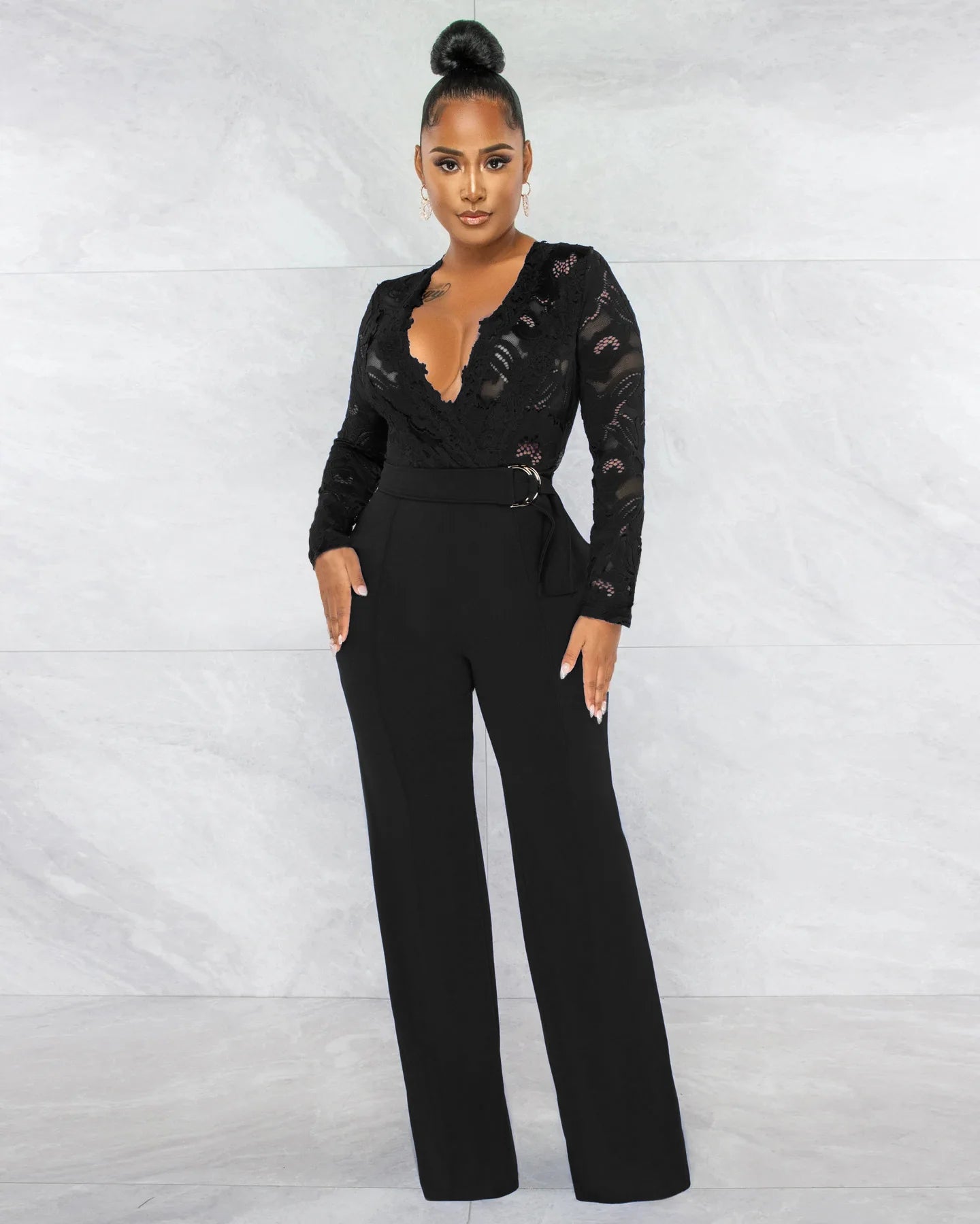 Friend Zone Deep V-Neck Lace Jumpsuit