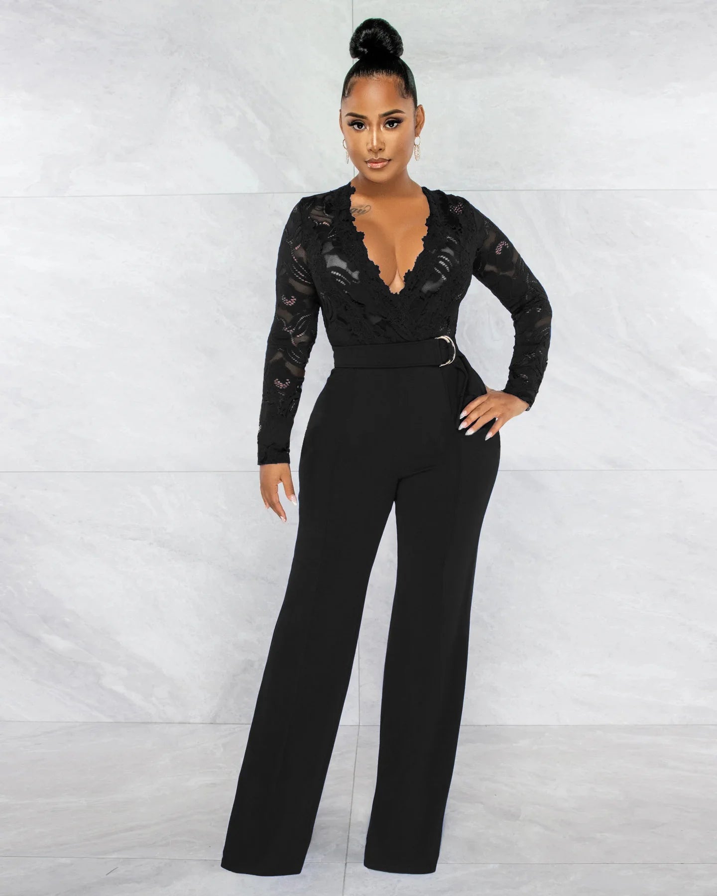 Friend Zone Deep V-Neck Lace Jumpsuit