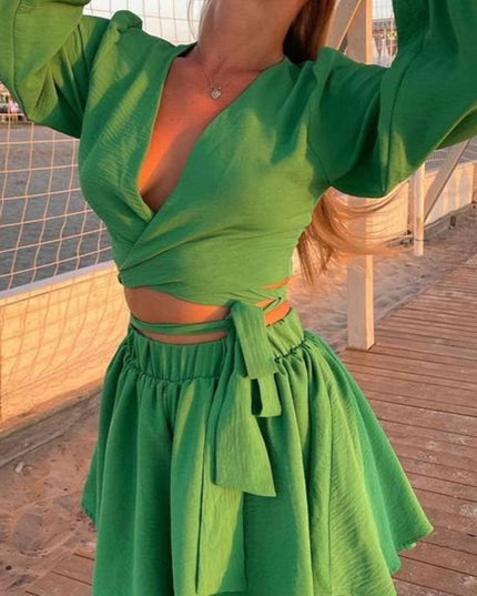 Tie-Up Lantern Sleeve Shorts Set