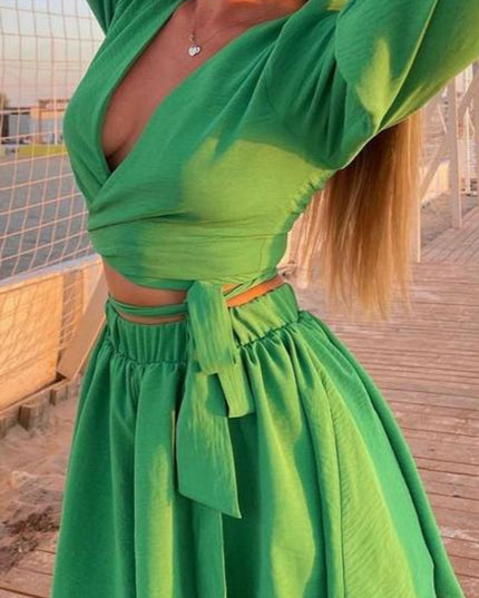 Tie-Up Lantern Sleeve Shorts Set