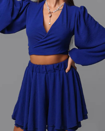 Tie-Up Lantern Sleeve Shorts Set