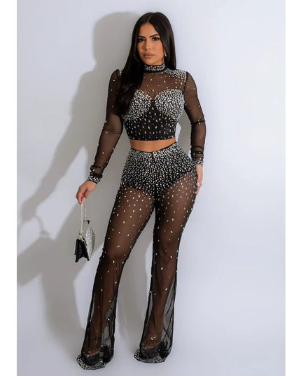 Photo Op Sheer Rhinestone Crop Top and Pants Set