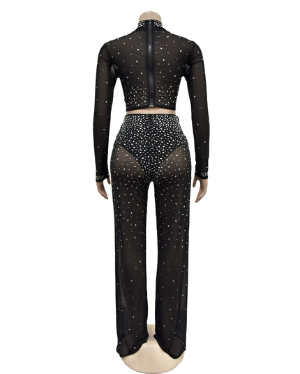 Photo Op Sheer Rhinestone Crop Top and Pants Set