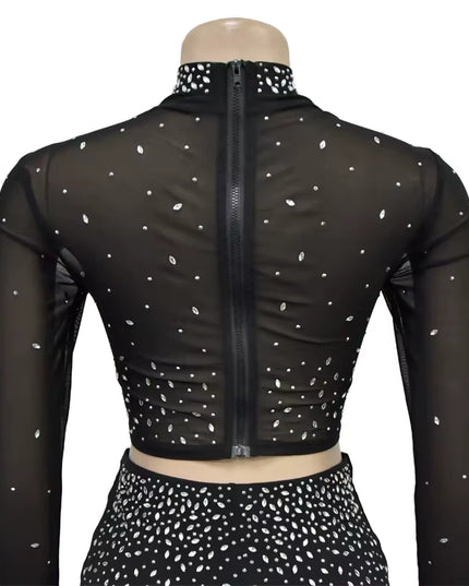 Photo Op Sheer Rhinestone Crop Top and Pants Set
