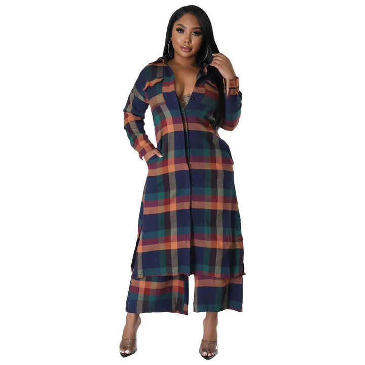 Plaid Print Side Slit Midi Top Pant Set