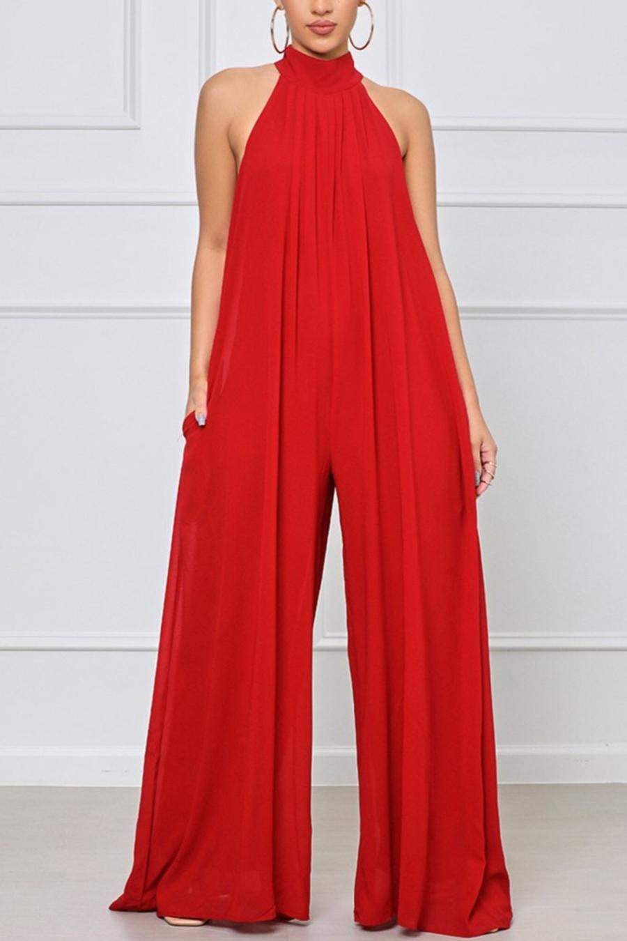 Pocketed Halter Neck Wide Leg Jumpsuit