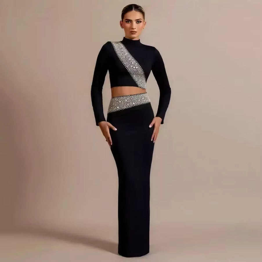 Rhinestone Stripe Crop Top High Slit Maxi Skirt Set