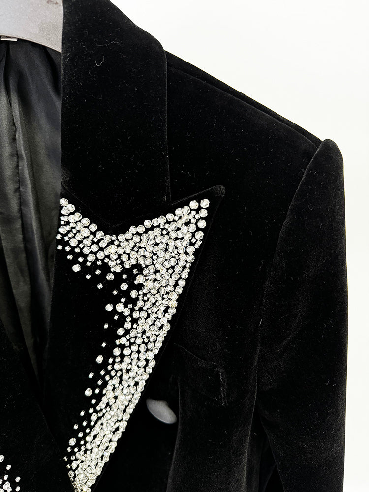 Sensational Rhinestone Lapel Decor Velvet Blazer