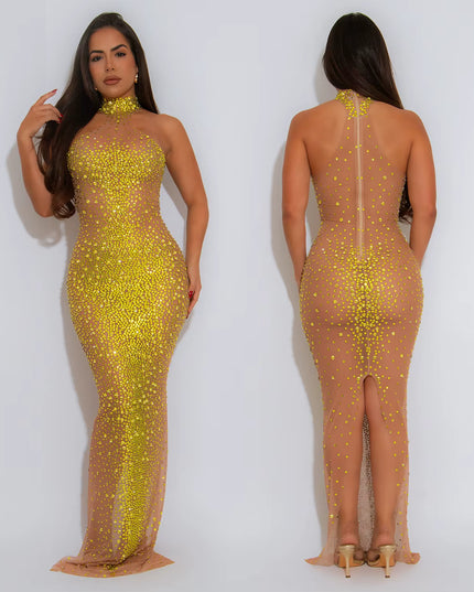 Woman wearing a yellow sequin dress from front and back views on a white background