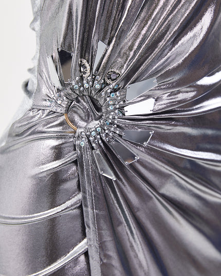 Holographic Rhinestone High Slit Maxi Dress