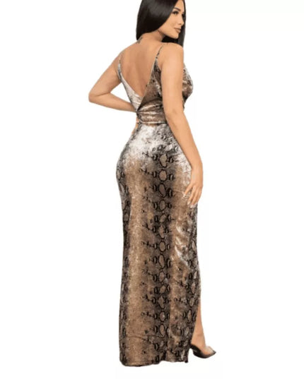 Snakeskin Print V-Neck High Slit Maxi Dress
