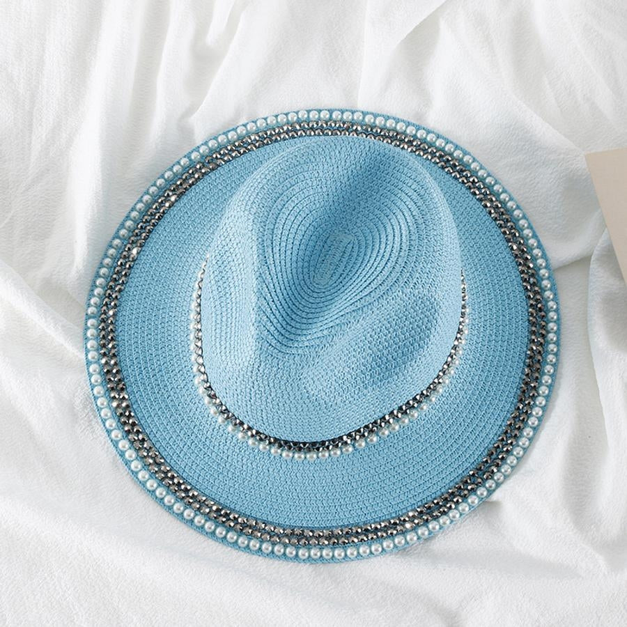 Pearl Rivet Straw Fedora Hat