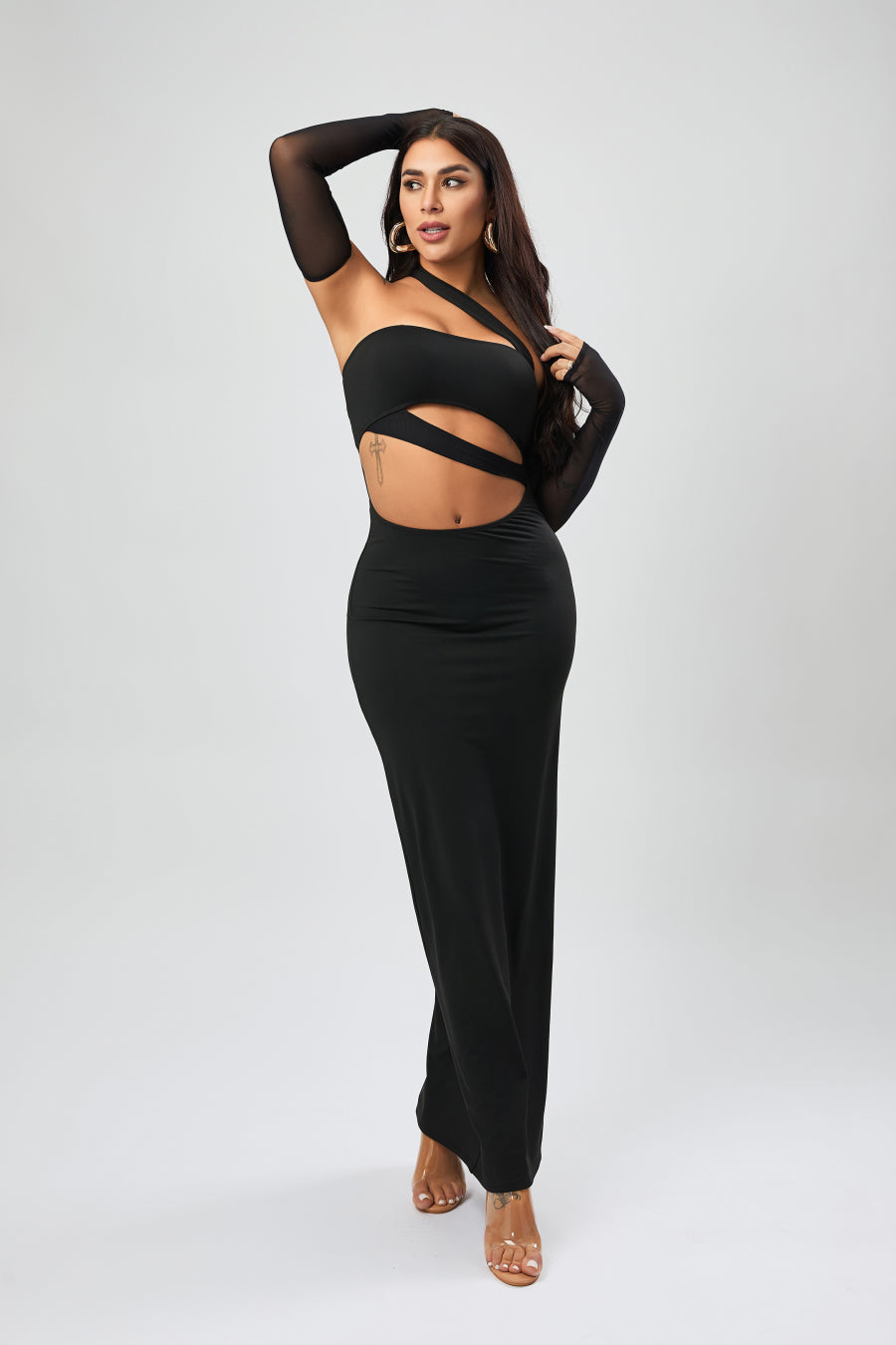 Sexxy Cut-Out Sheer Maxi Dress-Black