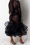 Stretch Lace Ruffle Fishtail Midi Dress (Without lining)