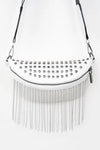 Adored PU Leather Studded Sling Bag with Fringes - White