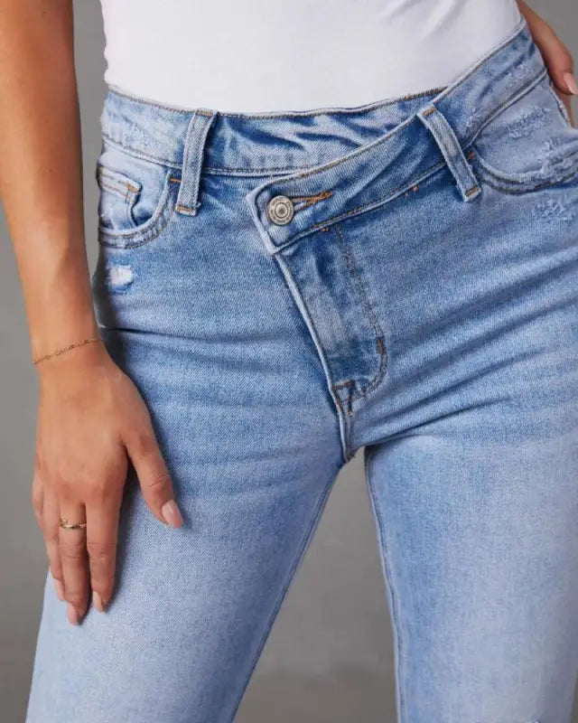 Asymmetric Button Crop Denim Pocketed Jeans (S-2XL)