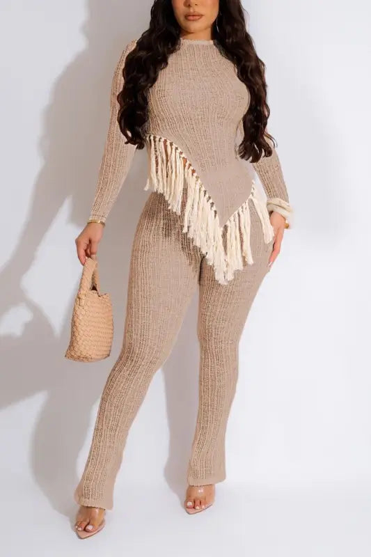 Asymmetric Fringe Top and Fitted Pant Set - S / Beige - Sets