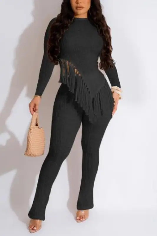 Asymmetric Fringe Top and Fitted Pant Set - S / Black - Sets