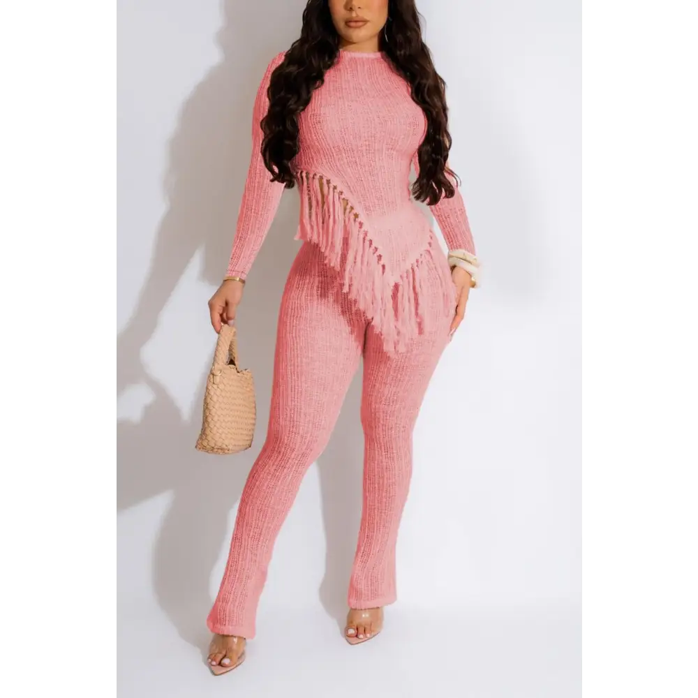 Asymmetric Fringe Top and Fitted Pant Set - S / Pink - Sets