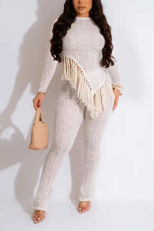 Asymmetric Fringe Top and Fitted Pant Set - S / White - Sets